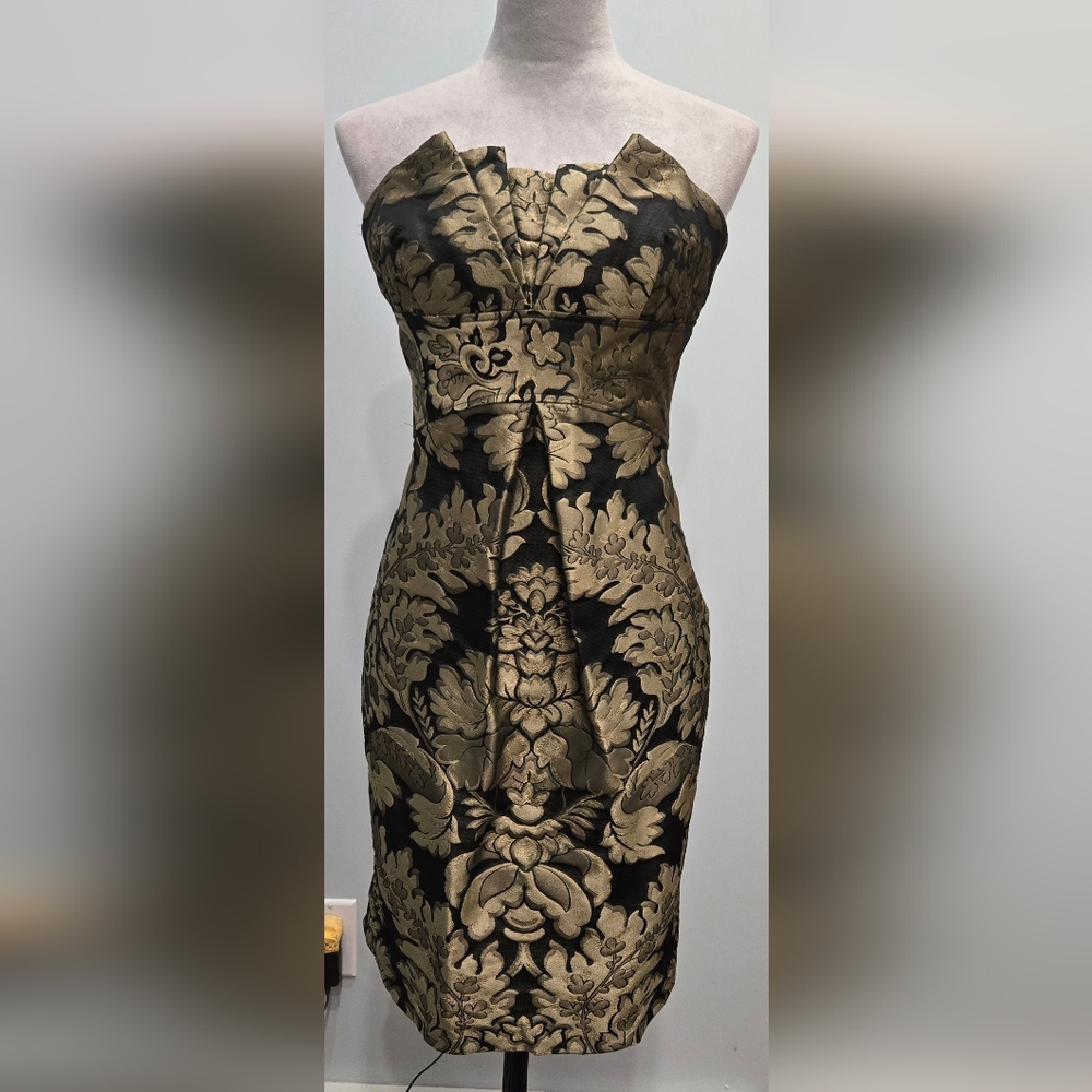 Vera Wang Lavender Label black-gold brocade strapless mini-dress sz XS